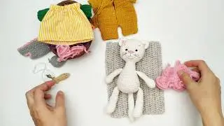 Crochet soft toy cat with clothes and accessories