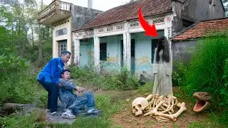 Cleaning up the haunted house! The mysterious ghost in the white dress and the skeleton.