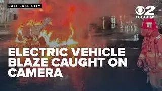 Electric vehicle blaze caught on camera highlights firefighters' response