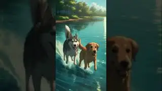 Two dogs splashing around