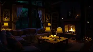 Halloween Night in a Cozy Cabin | Rainstorm & Fireplace Ambience