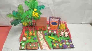 Diy miniature clay farm model with house, banana trees, well. 
