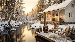 Winter River Cottage Atmosphere ❄️🔥 Soft Fire, Calm Water and Relaxing Nature Sound