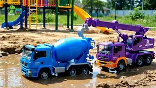 Construction Trucks STUCK IN MUD! excavator, dump truck, bulldozer rescue mission