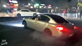 Infiniti G35 doing Donuts HITS the CURB at a Car Meet!
