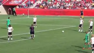 Alexandra Popp scoring a free kick to make the score 10 - 0 for Germany against the Ivory Coast.