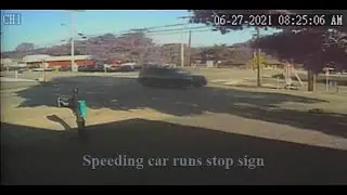 Car at high rate of speed runs stop sign
