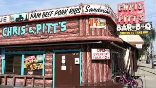 CHRIS & PITTS Bellflower,Ca. Painted to look like a log cabin! BBQ Resturant 1949