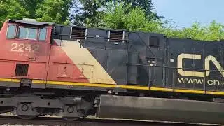 CN 2242, 3177 Westbound train with SP auto carrier, Potash hoppers, WRWK, LRS graffiti box cars