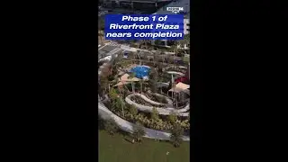 An aerial look at Riverfront Plaza as Phase 1 nears completion