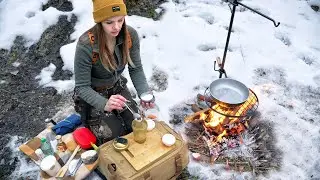 Pancakes with fish cooked on campfire. Solo snow river water hike on packraft. ASMR cooking no talk