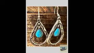 Boho Hippie Cowgirl Western Stamped Turquoise Teardrop Silver Earrings, Chic Earring, Gift Box