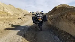 Riding a BMW R1200GS on Twenty Mule Team Road in Death Valley