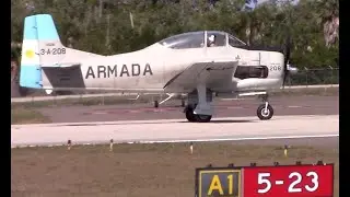 Big Radial Engine T-28 Trojan Airplane Start Up taxi out and Take Off