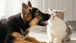 This is what a German Shepherd puppy's friendship with an Exotic Shorthair cat looks like