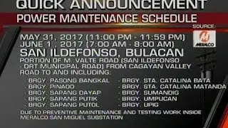 QRT: Power maintenance schedule sa San Ildefonso, San Miguel at Do&ntilde;a Remedios Trinidad, Bulacan