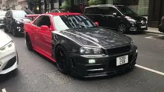 Red & Black Nissan GT-R R34 Skyline Sportscar Sound & Acceleration | Car Spotting London Supercars