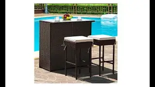 Tangkula Patio Bar Set, 3 Piece Outdoor Rattan Wicker Bar Set (Brown) - Overview