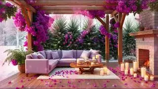 Valentine&rsquo;s Cozy Porch in Pink Snow ❄️☕ Soft Jazz & Crackling Fireplace Ambience