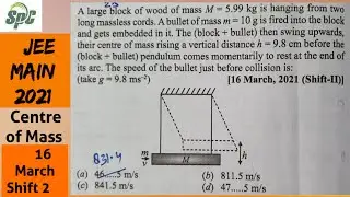 A large block of wood of mass M = 5.99 kg is hanging from two long massless cords . A bullet of mass