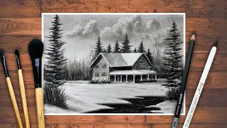 Realistic Snow House Drawing | Charcoal Winter Landscape Art