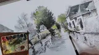 Aquarelle sur un dessin au fusain.