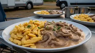First time making Sp&auml;tzle Stroganoff while camping!