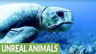Massive sea turtle sneaks up on diver