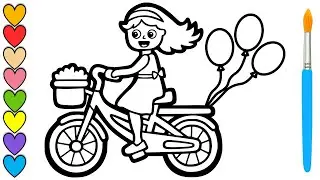 Draw and color Girl riding a bicycle for children
