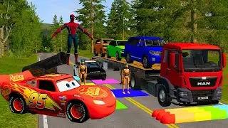 Flatbed Trailer McQueen Transportation with Truck - Speedbumps vs Cars vs Train - BeamNG #33