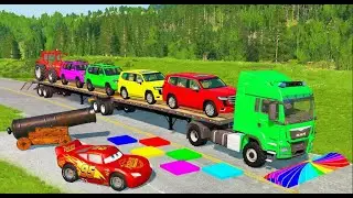 Double Flatbed Trailer Truck vs Speedbumps Train vs Cars | Tractor vs Train Beamng.Drive #041
