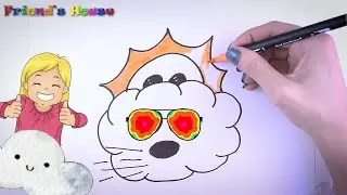 Learn How to Draw & Color Beginner Art Cartoon Sun and Clouds at Friend's House for Kids