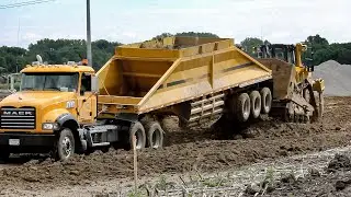 Cat D8T Bulldozer Lifts Trailer of Belly Dump | D8T Dozer Pushing Fill