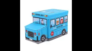 Kids School Bus Shape Storage Box with Lid Cum Sitting Stool Cum Playing Toy, Hard Cardboard, Blue