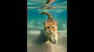 Ginger cat swimming in the ocean