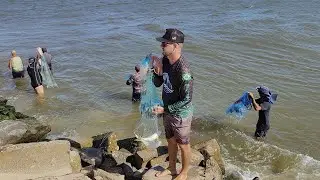 Pescarias de tarrafas, 08-02-25, Molhes de Imbé, RS. Muito vento !#pescadetarrafa #netfish #tainhas
