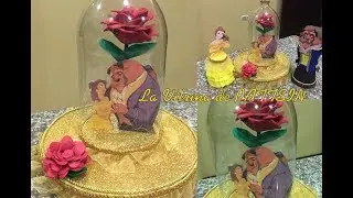 Bella y la bestia centro de mesa con botella plástica y flor eterna #fiestatematica #flowers
