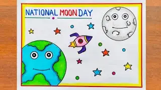 National Moon Day Drawing / Chandra Dinam Poster Drawing Easy Steps / Moon Day Poster Drawing Easy