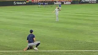 Joey Weimer pitches to Sal Frelick 8/19/23 pregame at Globe Life Field Milwaukee Brewers Texas