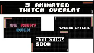 3x Twitch overlay animated, stream overlay retro, 80s stream package for twitch, twitch graphic pack