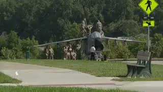 A-7 D Corsair II fighter jet makes final landing at Siouxland Freedom Park as a new display