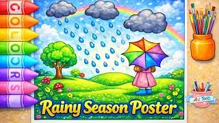 🎨 Rainy Season Drawing with Colour | Umbrella & Clouds Drawing | Kids Art Tutorial
