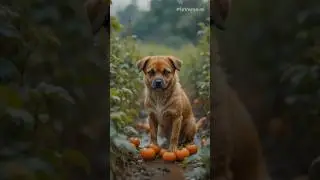 Brown labra dog in torn clotheswatering tomato plants in fieldwalking like humaneyes full of sadness