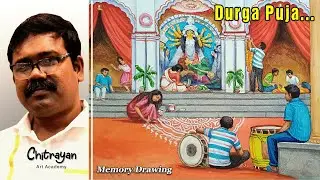 Durga Puja Drawing Watercolor | Durga Puja Scenery Drawing | How To Draw Durga Puja Step By Step
