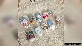24Pcs Short Round Head Fake Nails Snowfield Santa Claus Design Press on False Nails Snowman Bow Deta