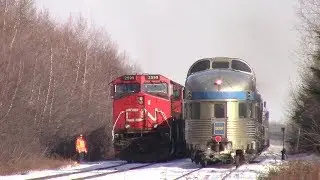 CN Train 407 w/Blue Devil meets a Budd VIA Rail Ocean at Painsec Jct. (Feb 15, 2018)
