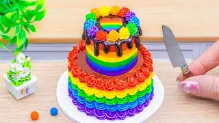 Miniature Rainbow Cake Recipe 🌈 ASMR Colorful Rainbow Buttercream Heart Cake Decorating