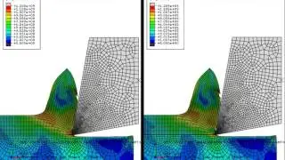 Abaqus CAE explicit coupled mechanical orthogonal cutting frictionless vs. friction Mises Stress 1