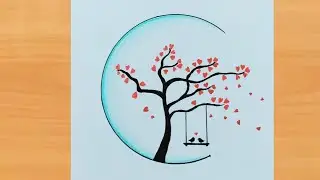 How to draw Birds under tree / love tree drawing / simple art with rose