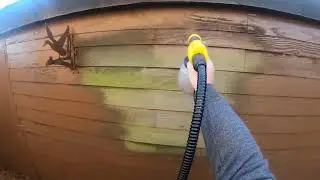 Cuprinol Ducksback being sprayed on  a shed - thinned down 2 paint 1 water with Wagner fence sprayer